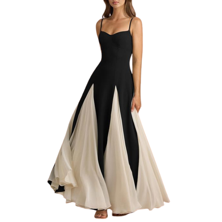 Elara™ – Elegant A-Line Crepe & Chiffon Maxi Dress