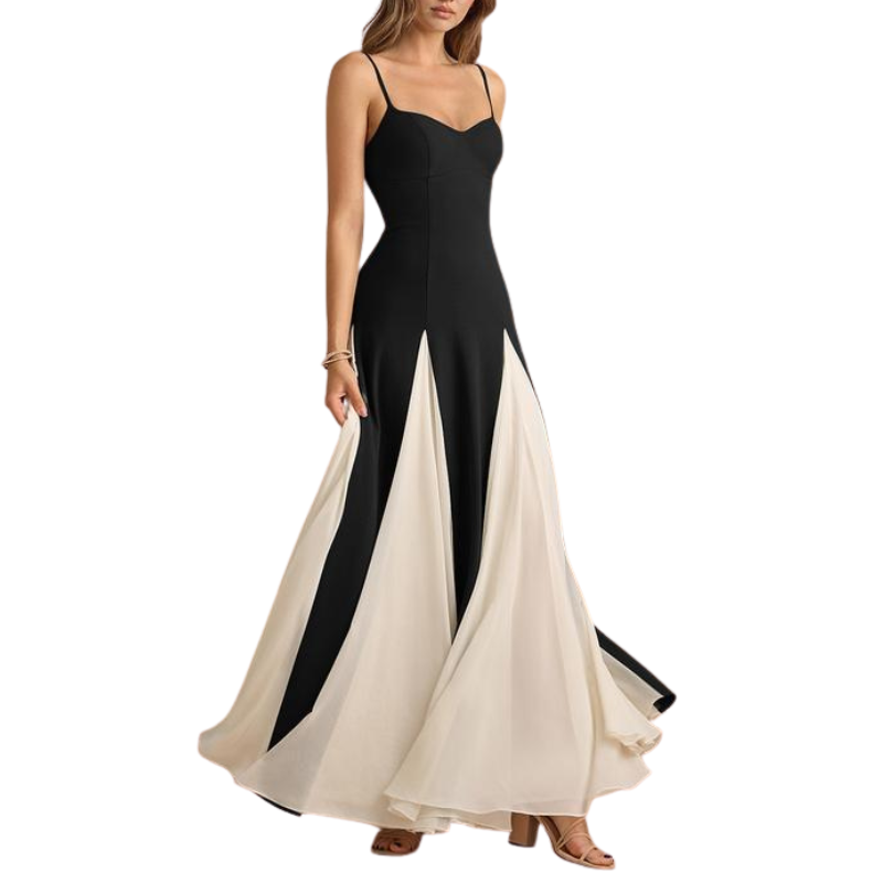 Elara™ – Elegant A-Line Crepe & Chiffon Maxi Dress