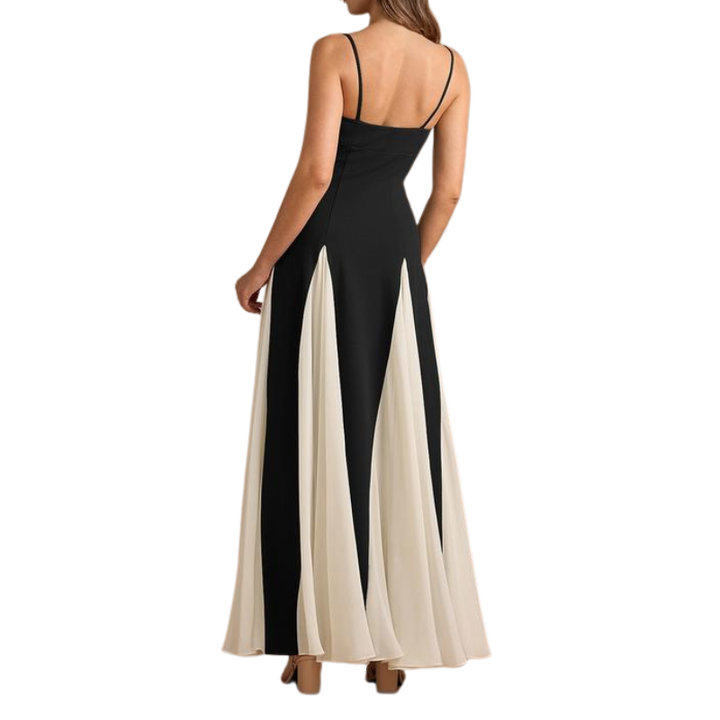 Elara™ – Elegant A-Line Crepe & Chiffon Maxi Dress