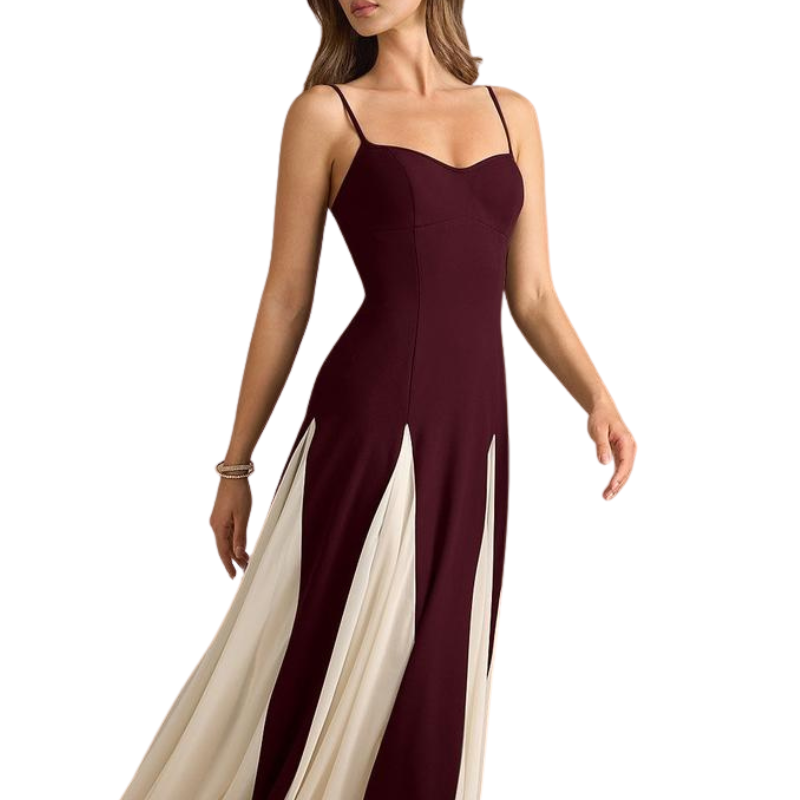 Elara™ – Elegant A-Line Crepe & Chiffon Maxi Dress