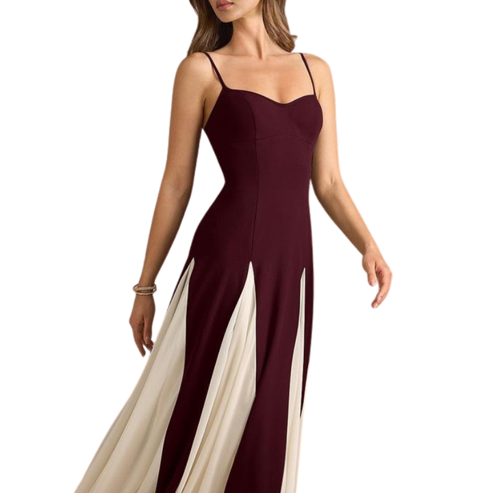 Elara™ – Elegant A-Line Crepe & Chiffon Maxi Dress
